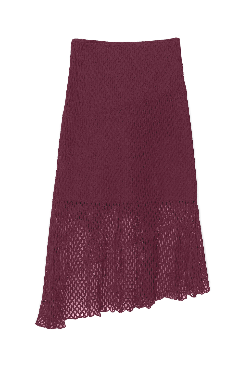 Flat image of an exquisite crochet skirt featuring an asymmetrical silhouette in purple - VIR VITA
#color_plum