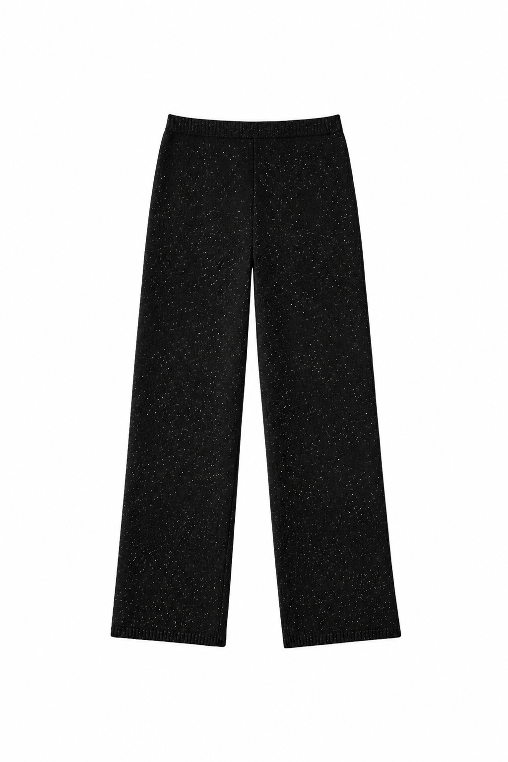Flat image of luxurious cashmere lounge pants in speckled black featuring a relaxed wide leg fit and elastic waist. - VIR VITA
#color_onyx