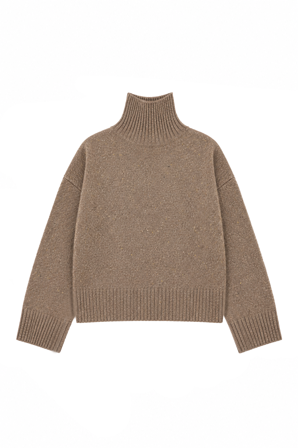 A soft cashmere knit in a warm light brown hue, designed with a high ribbed neck, relaxed drop shoulders, and long sleeves. - VIR VITA
#color_toastedwalnut