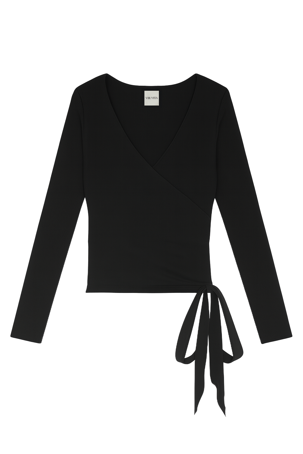 Flat image of a modal knit long sleeve wrap top featuring a classic ballerina silhouette in black- VIR VITA
#color_black