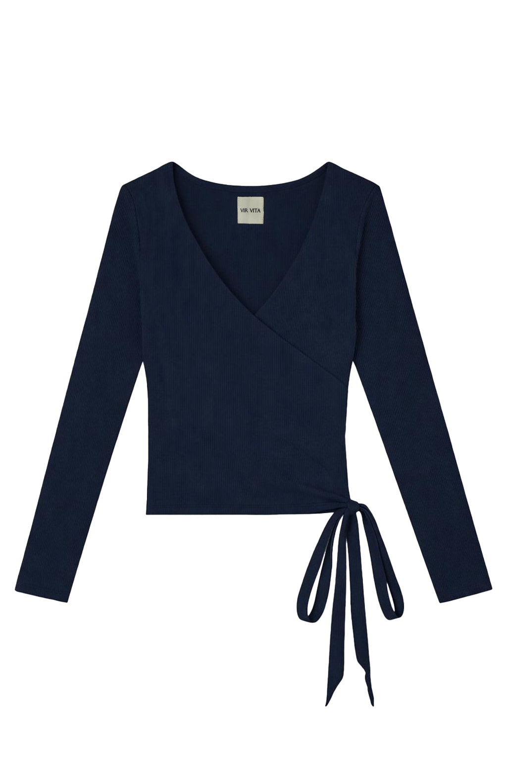 Women’s dark navy long sleeve top with a wrap-front neckline and adjustable waist tie. - VIR VITA
#color_midnight