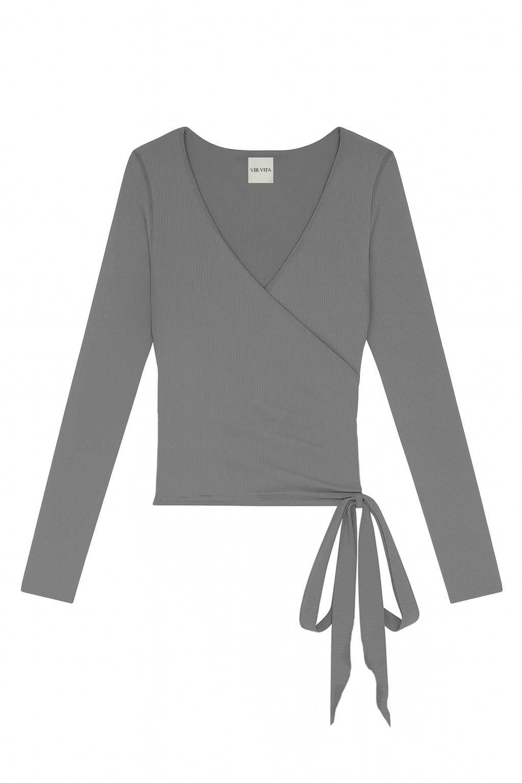 Flat image of a modal knit long sleeve wrap top featuring a classic ballerina silhouette in dark grey - VIR VITA
#color_stone grey