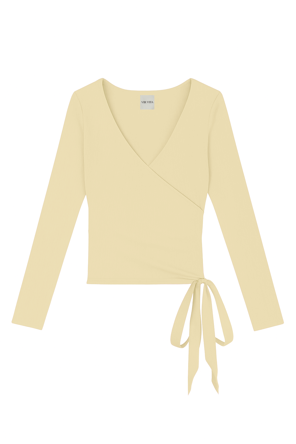 Flat image of a modal knit long sleeve wrap top featuring a classic ballerina silhouette in pale yellow - VIR VITA
#color_butter