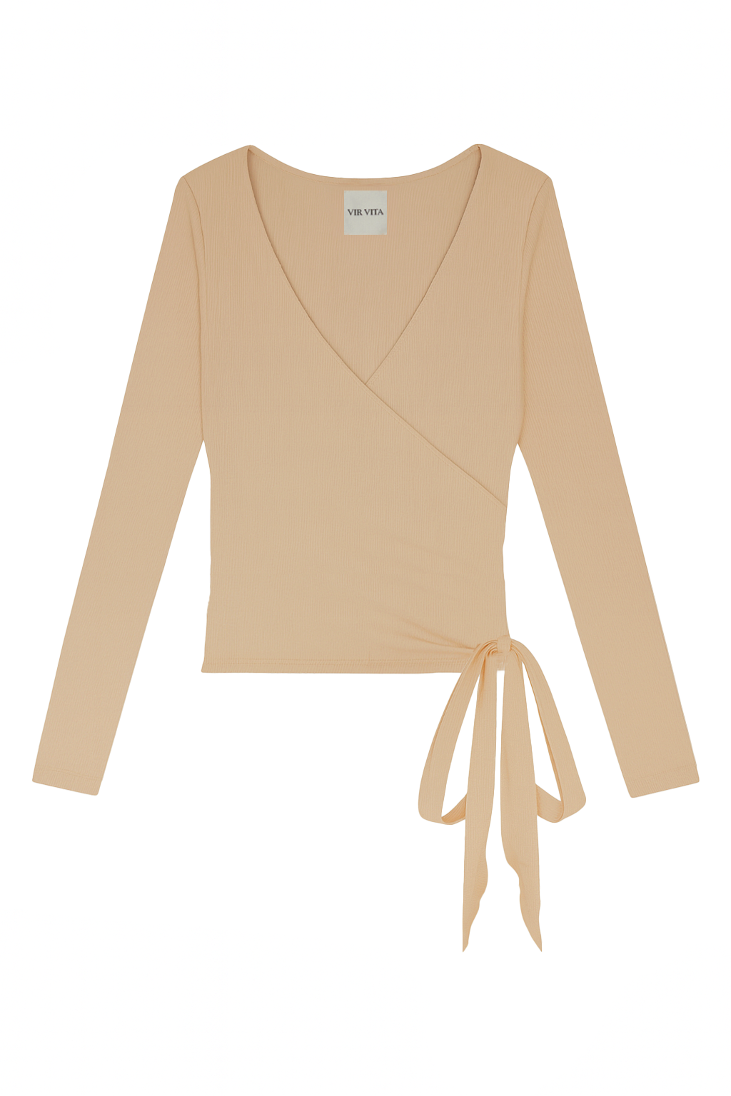 Flat image of a modal knit long sleeve wrap top featuring a classic ballerina silhouette in beige - VIR VITA
#color_toffee