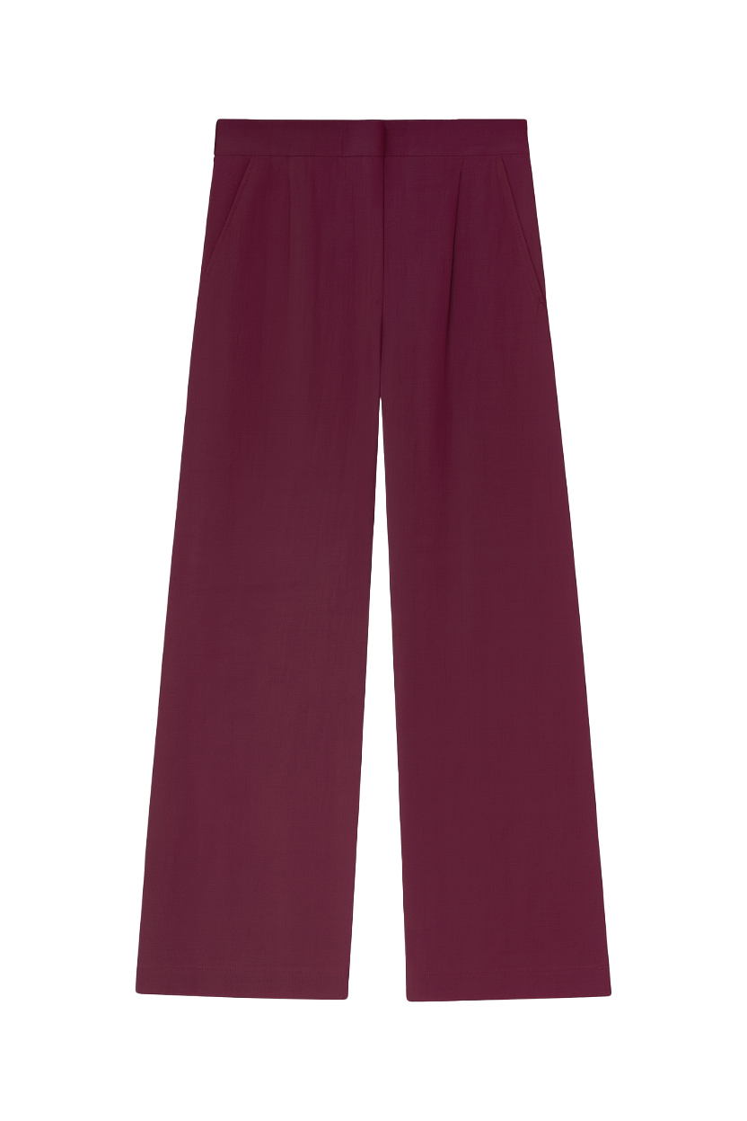 Flat image of a 100% linen trouser featuring a high waisted double pleat silhouette in plum purple - VIR VITA
#color_plum
