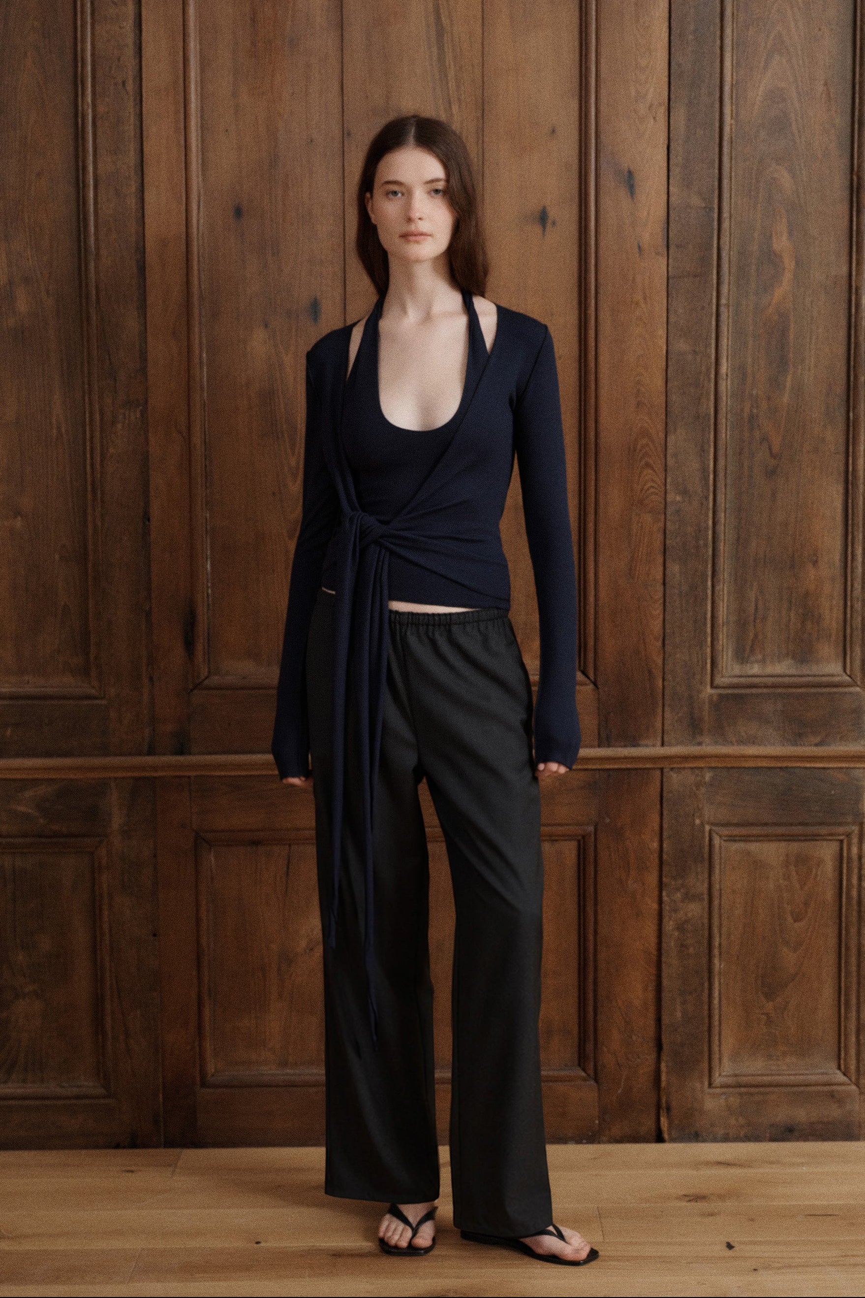 Midnight navy long sleeve wrap top with a deep V-neckline and adjustable side tie. - VIR VITA
#color_midnight