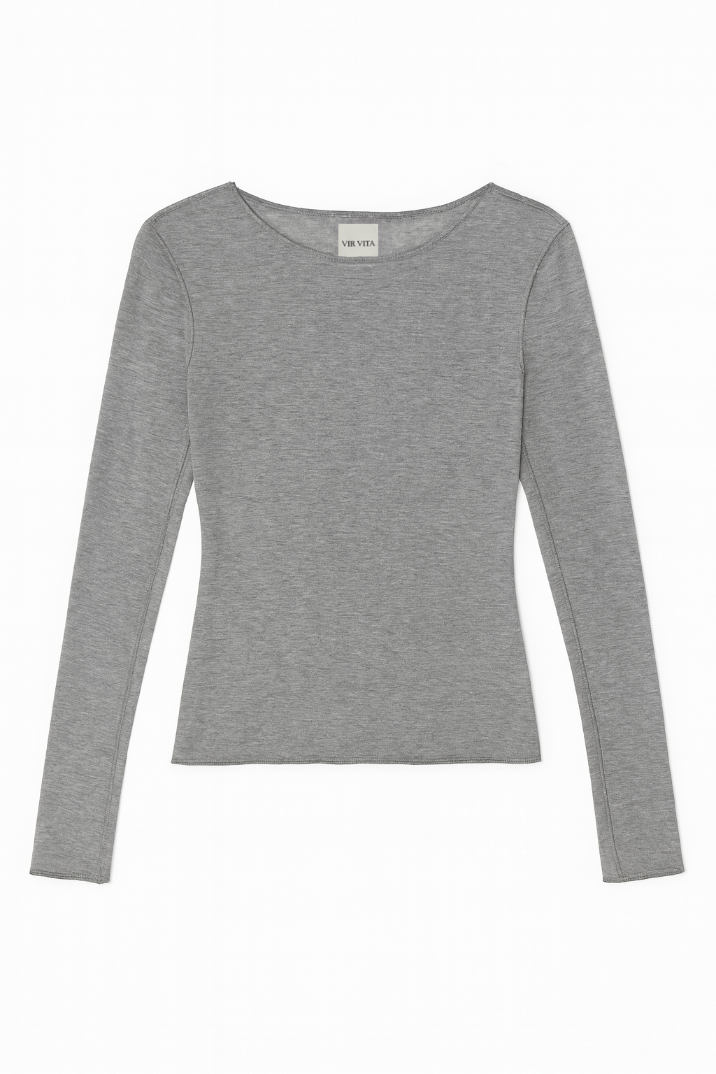 Flat image of a luxurious lightweight grey modal silk long sleeve knit with a ribbed back- VIR VITA
#color_heather grey