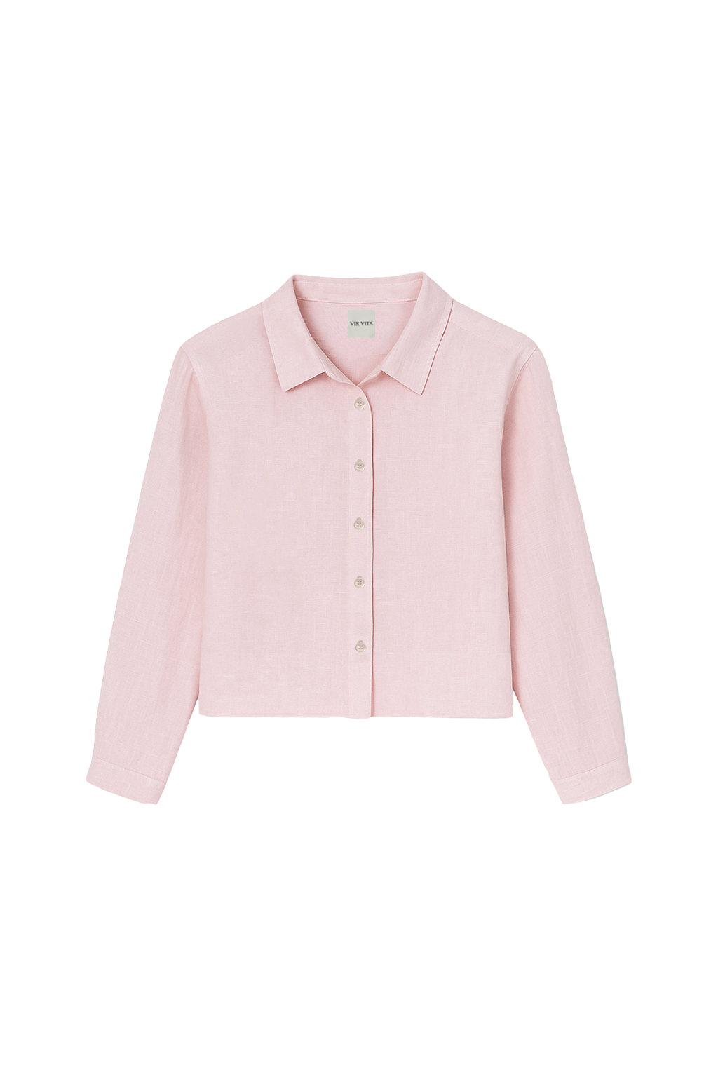 Flat image of a sustainable 100% linen classic button up collared shirt in light pink - VIR VITA
#color_blossom