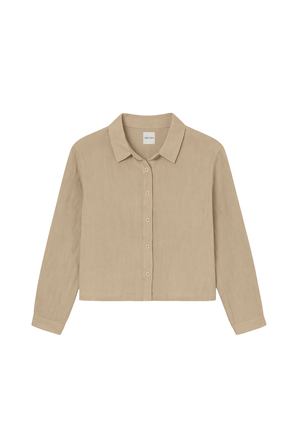 Flat image of a sustainable 100% linen classic button up collared shirt in toffee beige - VIR VITA
#color_toffee