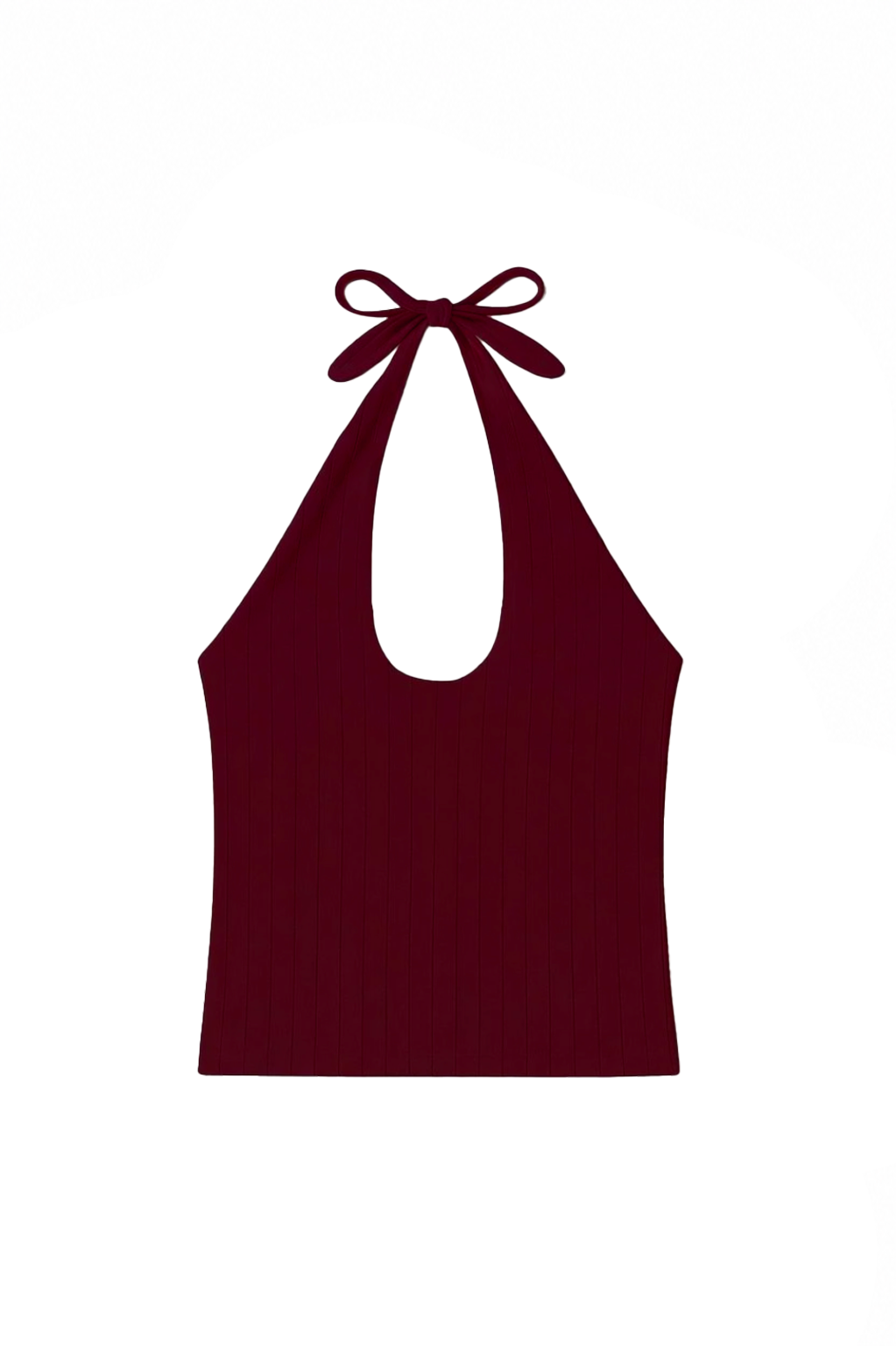 Women’s merlot red cotton pointelle halter tank with an open neckline and adjustable bow tie. - VIR VITA
#color_merlot