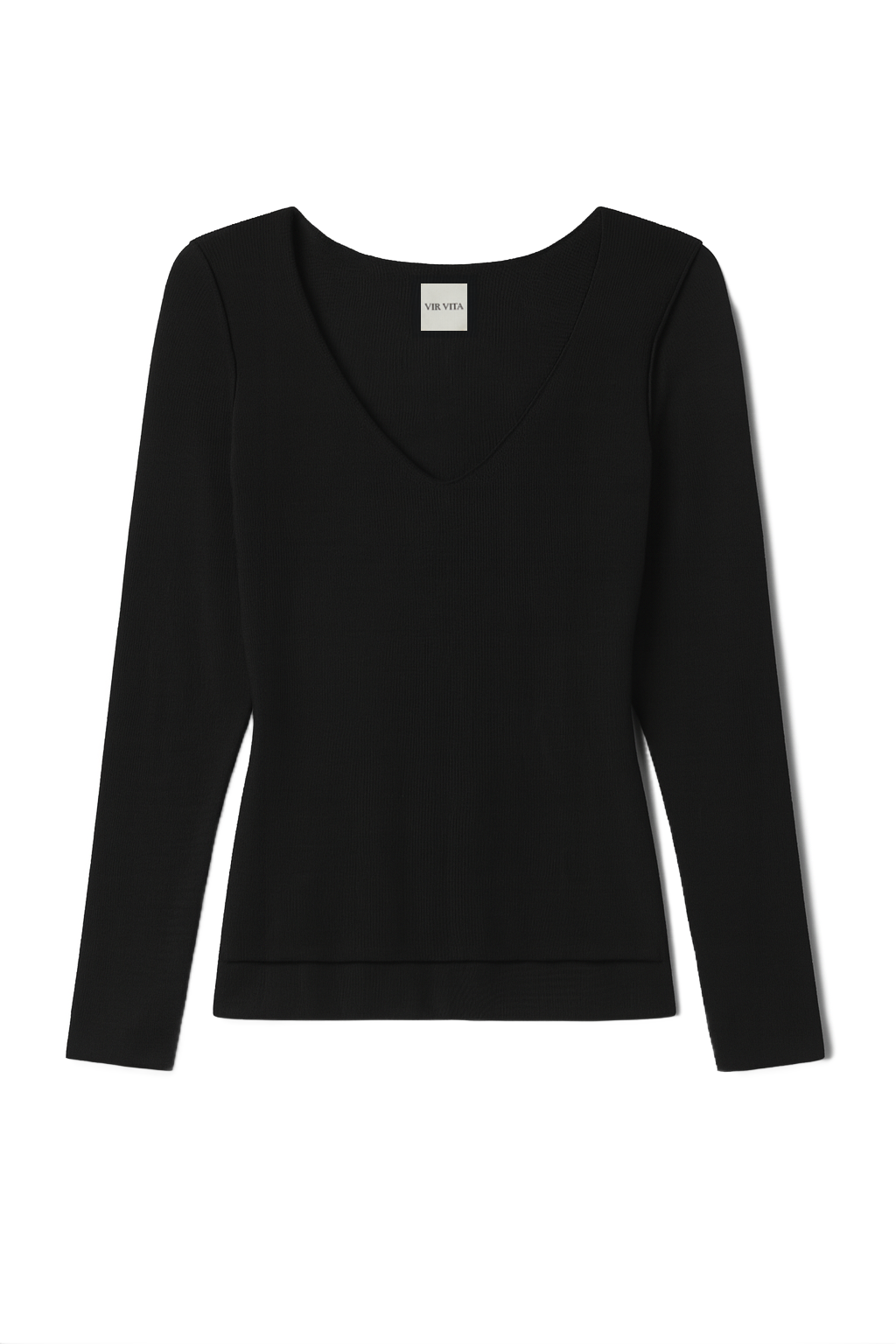 sustainable micro modal black buttery soft double lined v neck long sleeve ribbed top. Classic, timeless, elegant, french style. natural organic clothing- VIR VITA
#color_black