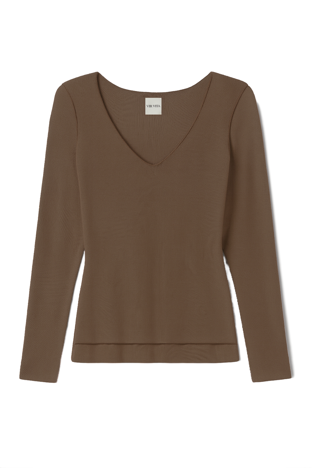 Flat image of a sustainable micro modal dark brown buttery soft double lined v neck long sleeve ribbed top. Classic, timeless, elegant, french style. natural organic clothing- VIR VITA
#color_chestnut