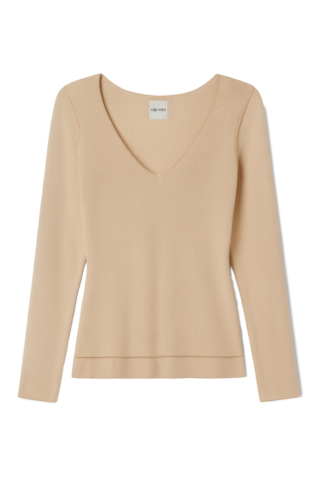 sustainable micro modal beige buttery soft double lined v neck long sleeve ribbed top. Classic, timeless, elegant, french style. natural organic clothing- VIR VITA
#color_toffee