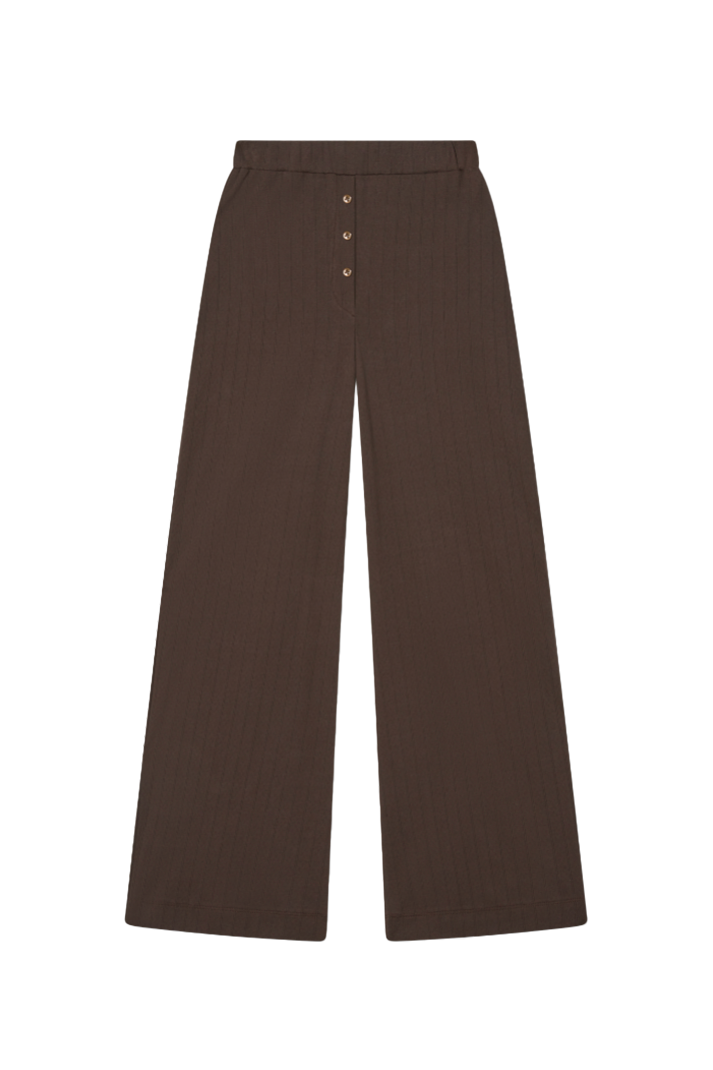 Sustainable dark brown pointelle luxury lounge pant featuring a relaxed straight leg fit with matching brown italian buttons - VIR VITA
#color_espresso