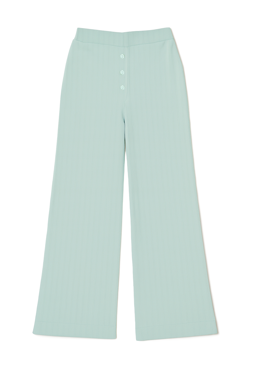 Sustainable light turquoise pointelle luxury lounge pant featuring a relaxed straight leg fit with matching brown italian buttons - VIR VITA
#color_sea glass