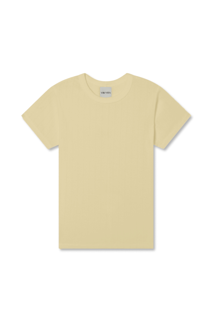 The signature 100% cotton Pointelle Tee with a classic crewneck neckline in pale yellow - VIR VITA
#color_butter