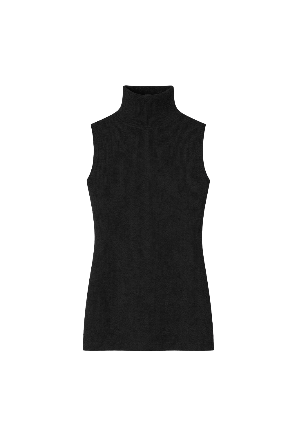 Flat image of a black fitted sleeveless turtleneck crafted from a fine wool, cashmere and silk blend. - VIR VITA
#color_black