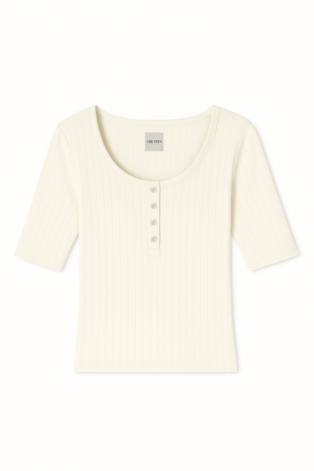 Flat image of a white henley quarter sleeve cotton pointelle top with matching buttons - VIR VITA
#color_coconut