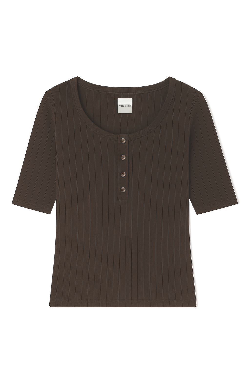 Flat image of a dark brown henley quarter sleeve cotton pointelle top with matching buttons - VIR VITA
#color_espresso