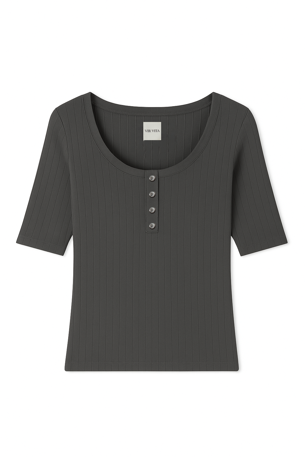 Flat image of a grey henley quarter sleeve cotton pointelle top with matching buttons - VIR VITA
#color_stone grey