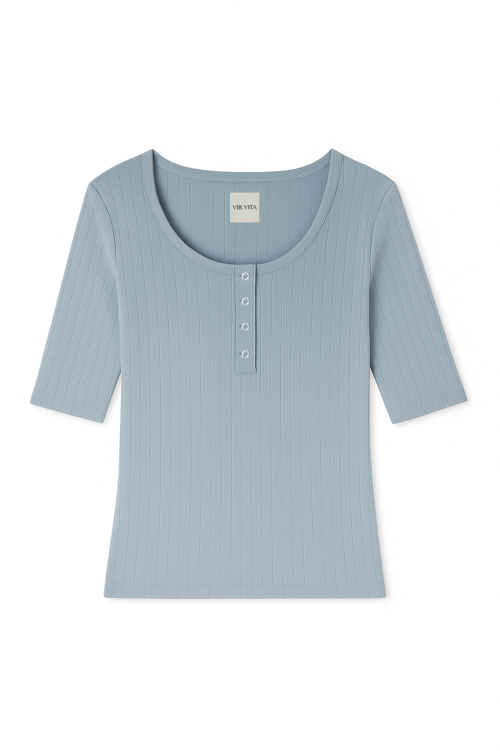 Flat image of a light blue henley quarter sleeve cotton pointelle top with matching buttons - VIR VITA
#color_vintage blue