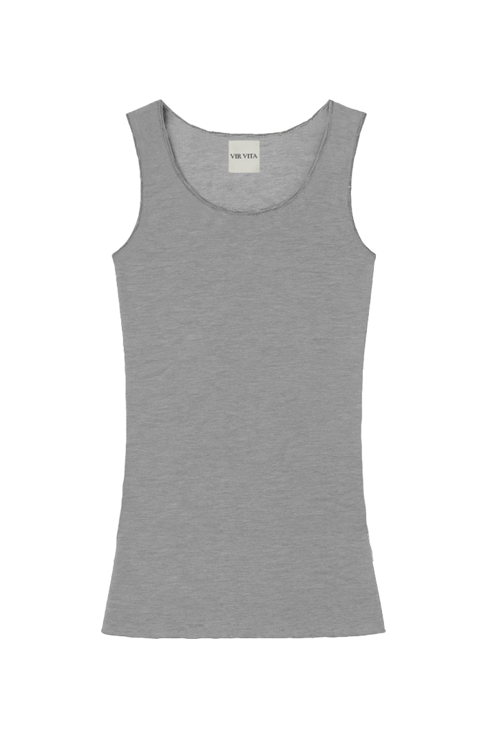 Flat image of a luxurious lightweight grey modal silk knit tank top with a ribbed back- VIR VITA
#color_heather grey