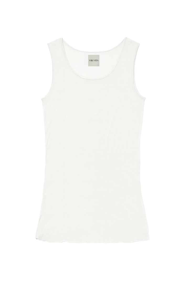 Flat image of a luxurious lightweight white modal silk knit tank top with a ribbed back- VIR VITA
#color_white