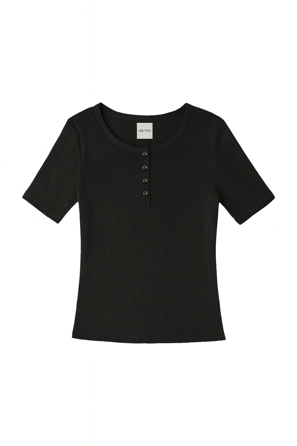Flat image of a black henley quarter sleeve cotton pointelle top with matching buttons - VIR VITA
#color_black