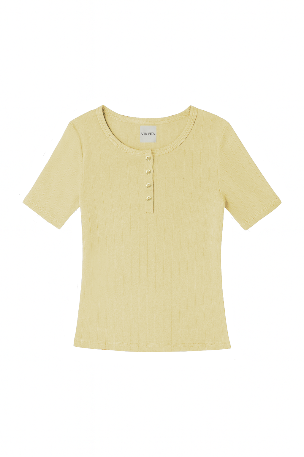 Flat image of a pale yellow henley quarter sleeve cotton pointelle top with matching buttons - VIR VITA
#color_butter