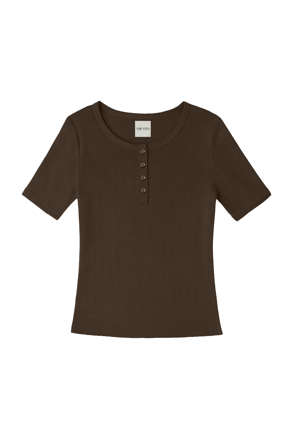 Flat image of a dark brown henley quarter sleeve cotton pointelle top with matching buttons - VIR VITA
#color_espresso