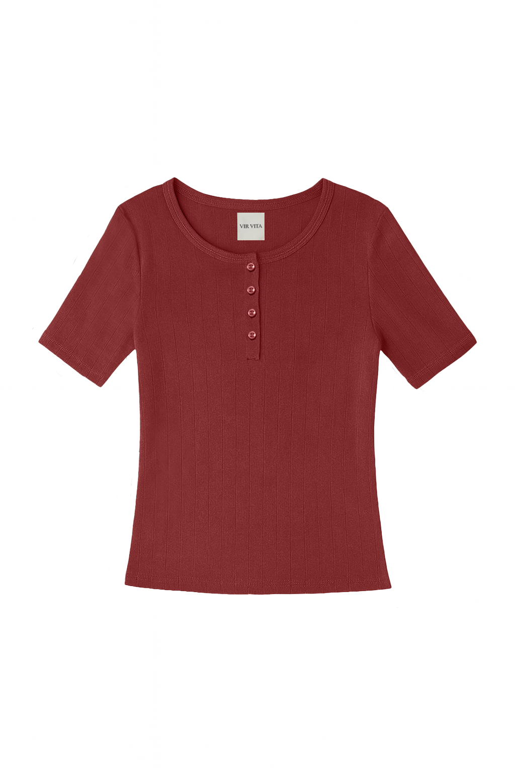 Flat image of a dark red henley quarter sleeve cotton pointelle top with matching buttons - VIR VITA
#color_sun dried tomato
