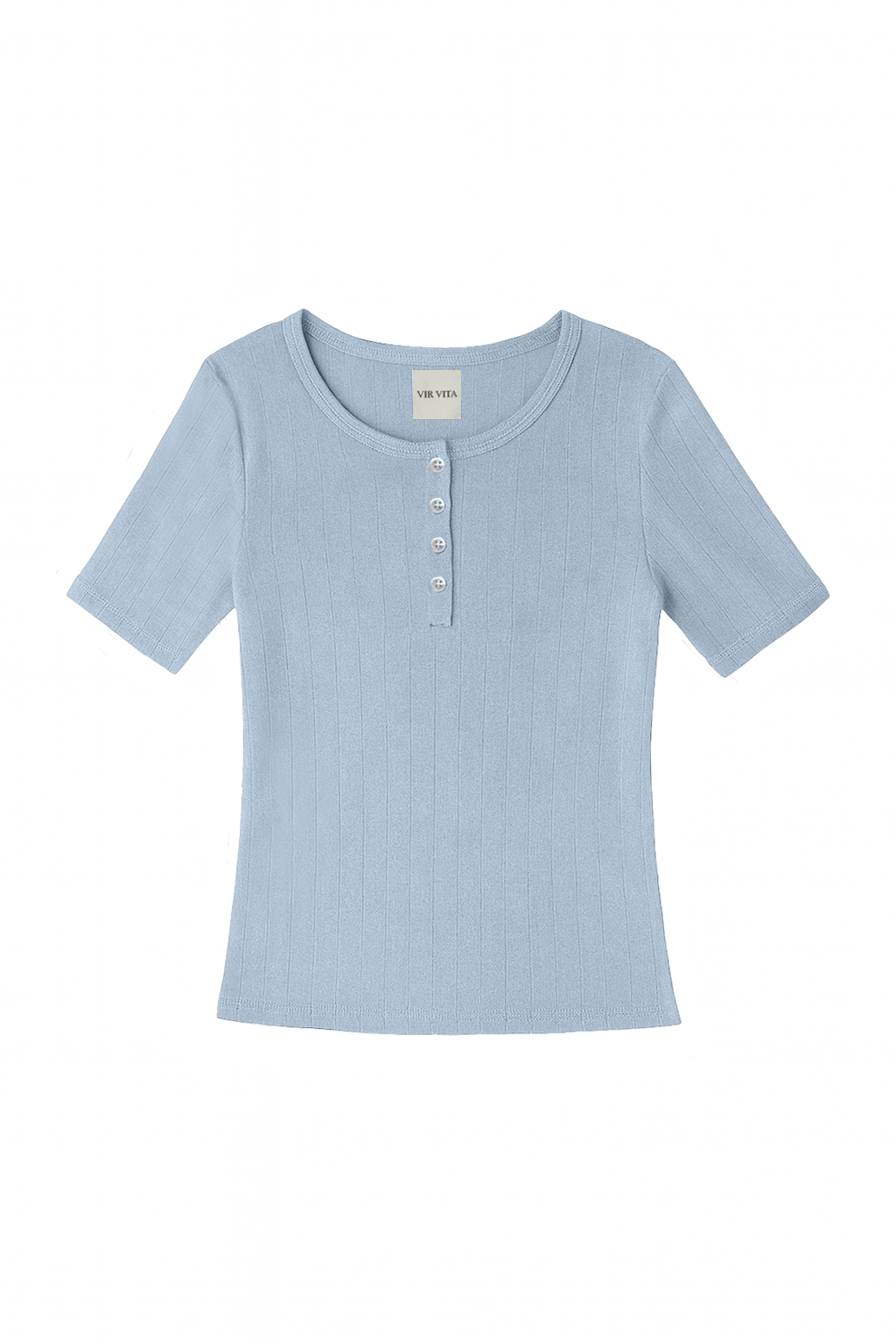 Flat image of a light blue henley quarter sleeve cotton pointelle top with matching buttons - VIR VITA
#color_vintage blue