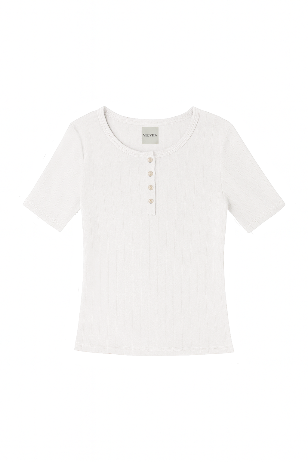Flat image of a white henley quarter sleeve cotton pointelle top with matching buttons - VIR VITA
#color_coconut