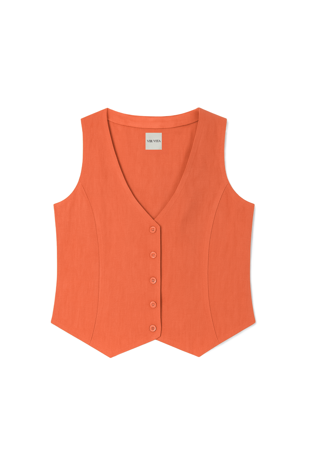 Flat image of a sustainable 100% linen vest in orange with matching Italian handcrafted buttons - VIR VITA
#color_cayenne