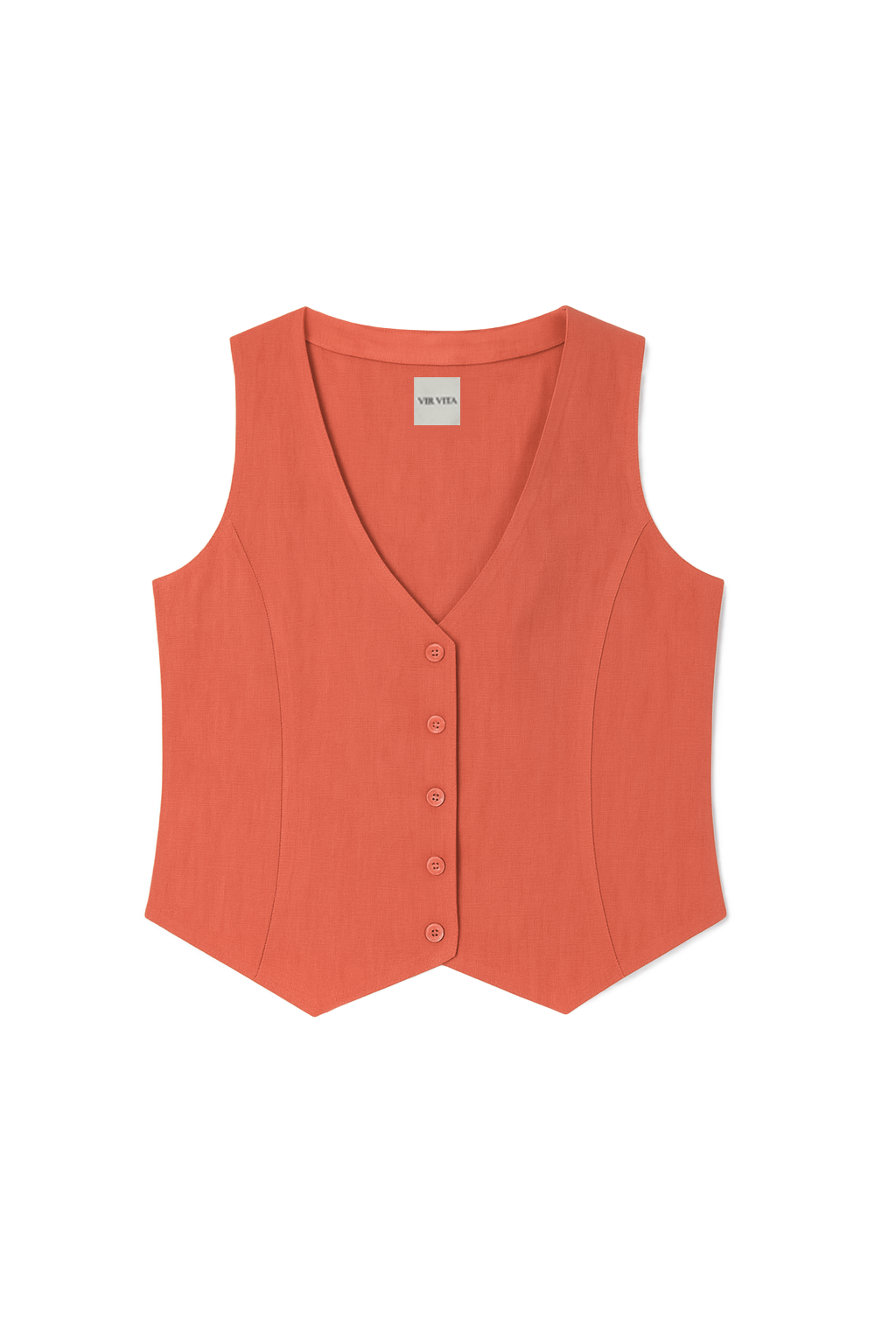 Flat image of a sustainable 100% linen vest in orange with matching Italian handcrafted buttons - VIR VITA
#color_cayenne