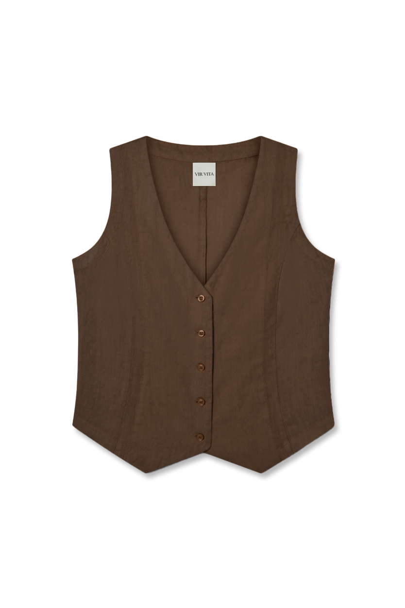 Flat image of a dark brown sustainable 100% linen vest with matching Italian handcrafted buttons - VIR VITA #color_chestnut