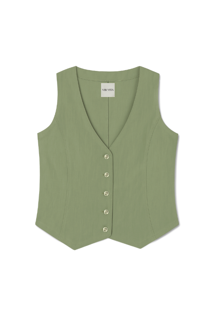 Flat image of a sage green colored sustainable 100% linen vest with handcrafted matching Italian buttons - VIR VITA
#color_sage