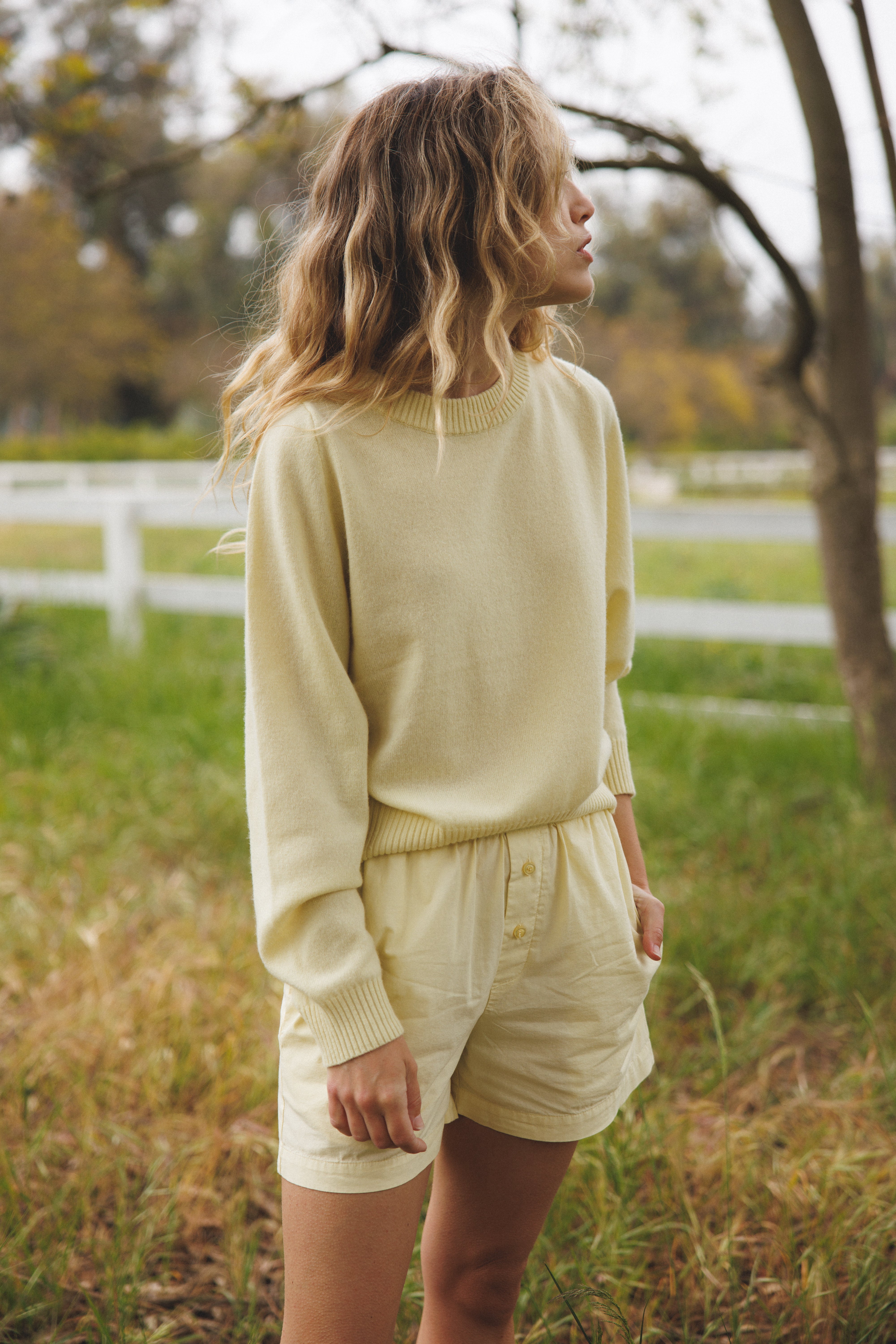 Female model standing in a field wearing a pale yellow luxurious and soft cashmere pullover sweater with a classic and relaxed silhouette paired with matching pale yellow cotton poplin shorts - VIR VITA
#color_butter