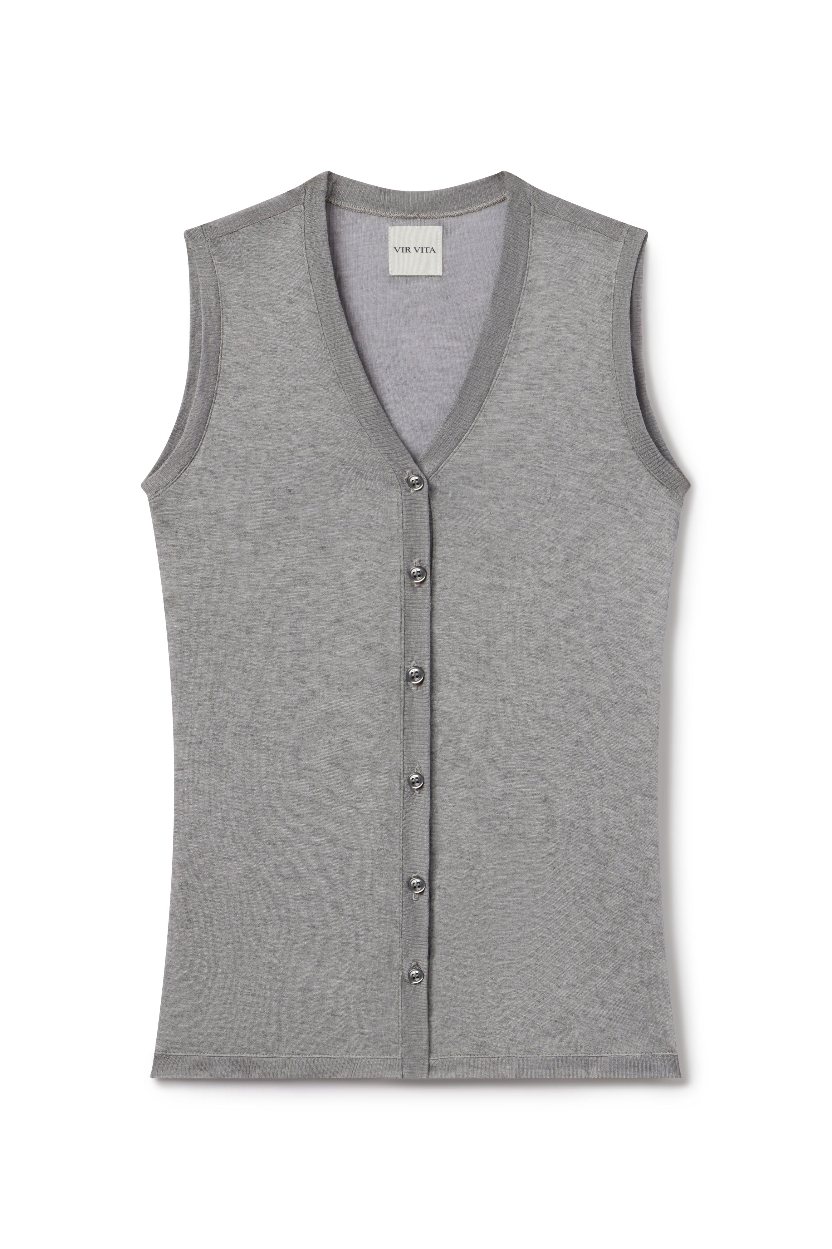 Pin wall photo of heather grey modal silk vest with matching buttons contrast ribbed fabric in trim - VIR VITA
#color_heather grey