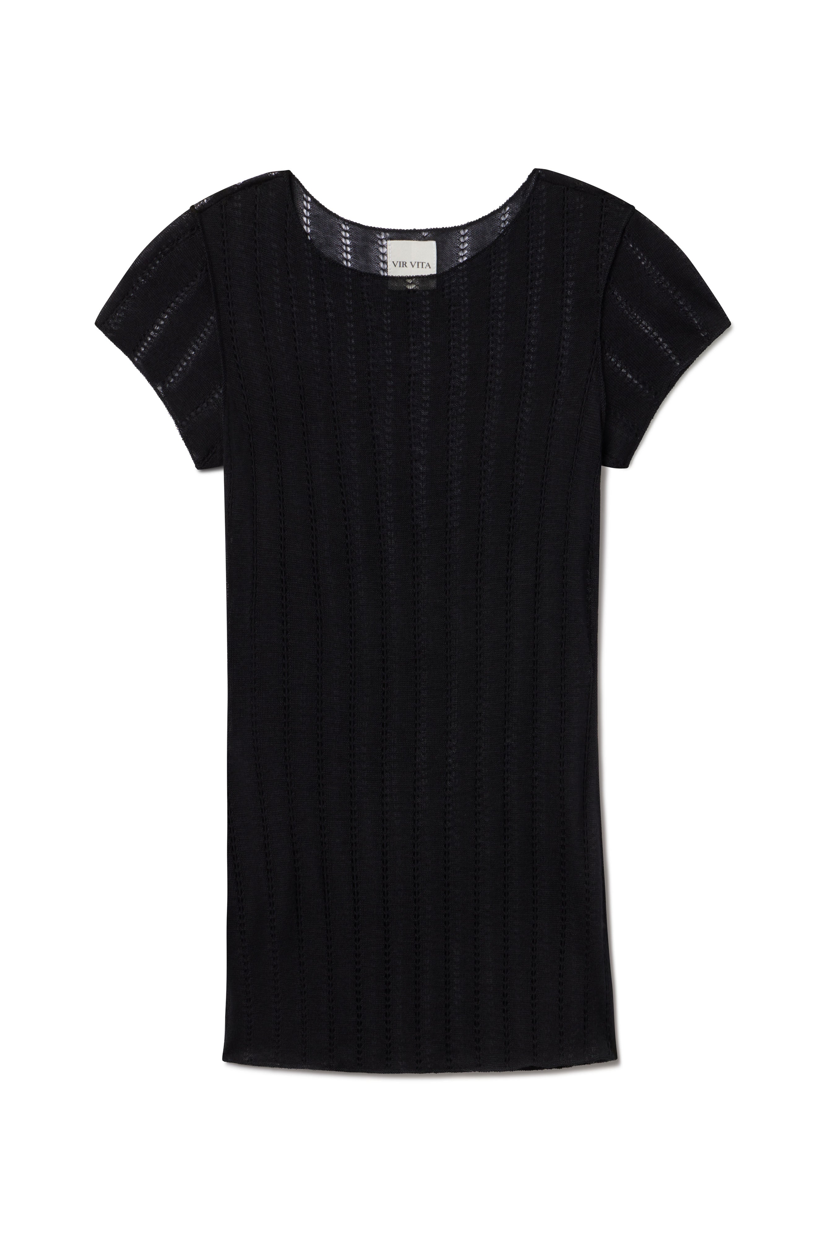 Pinwall photo of black cashmere knit short sleeve woven in italy 15 years ago. This is a sustainable dead stock fabric in a unique pointelle design - VIR VITA
#color_black