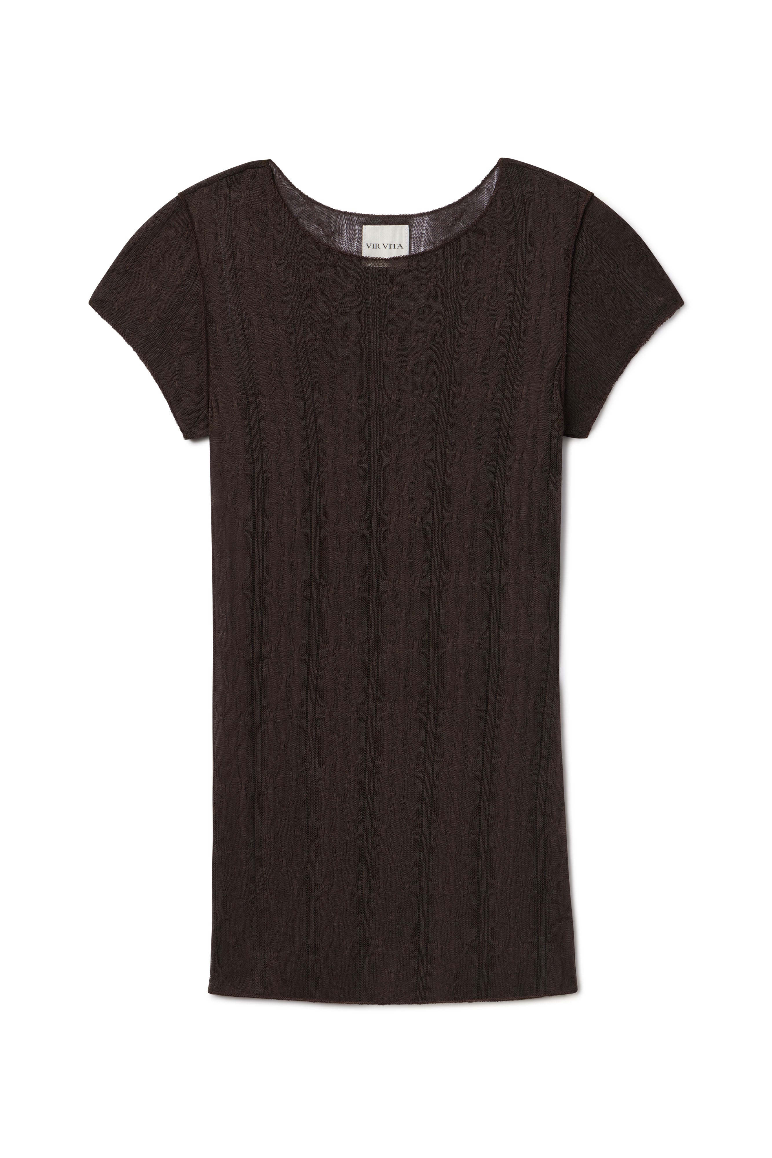 Limited edition of dark brown cashmere knit short sleeve top woven in italy 15 years ago. This is a sustainable dead stock fabric in a unique pointelle design - VIR VITA
#color_espresso