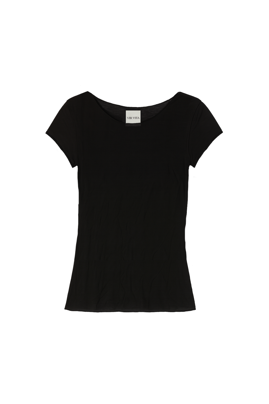 Flat image of a luxurious lightweight black modal silk short sleeve knit top with a ribbed back- VIR VITA
#color_black