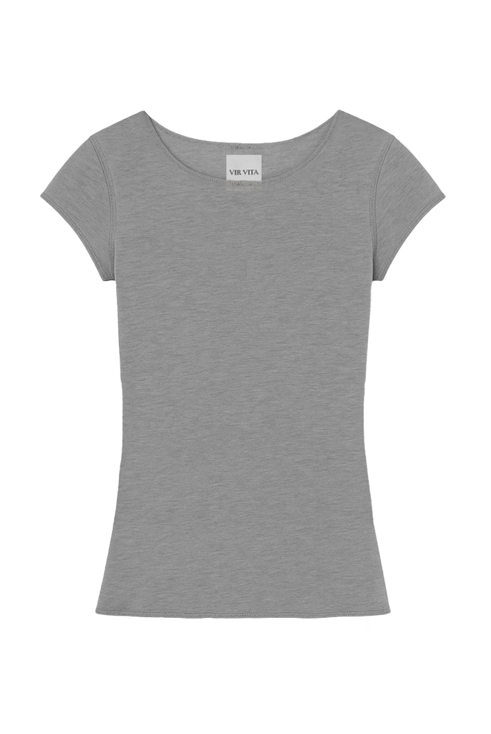 Flat image of a luxurious lightweight heather grey modal silk short sleeve knit top with a ribbed back- VIR VITA
#color_heather grey