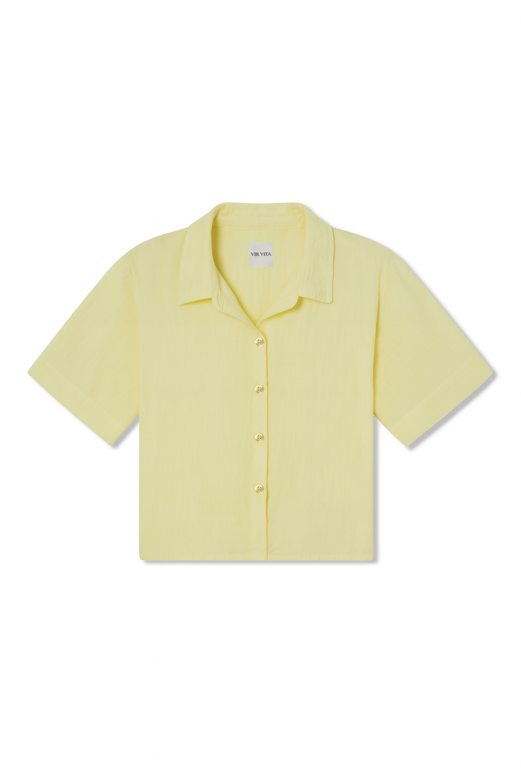 Sustainable pale yellow button up short sleeve 100% linen shirt featuring a minimalist collar and flattering silhouette - VIR VITA
#color_butter