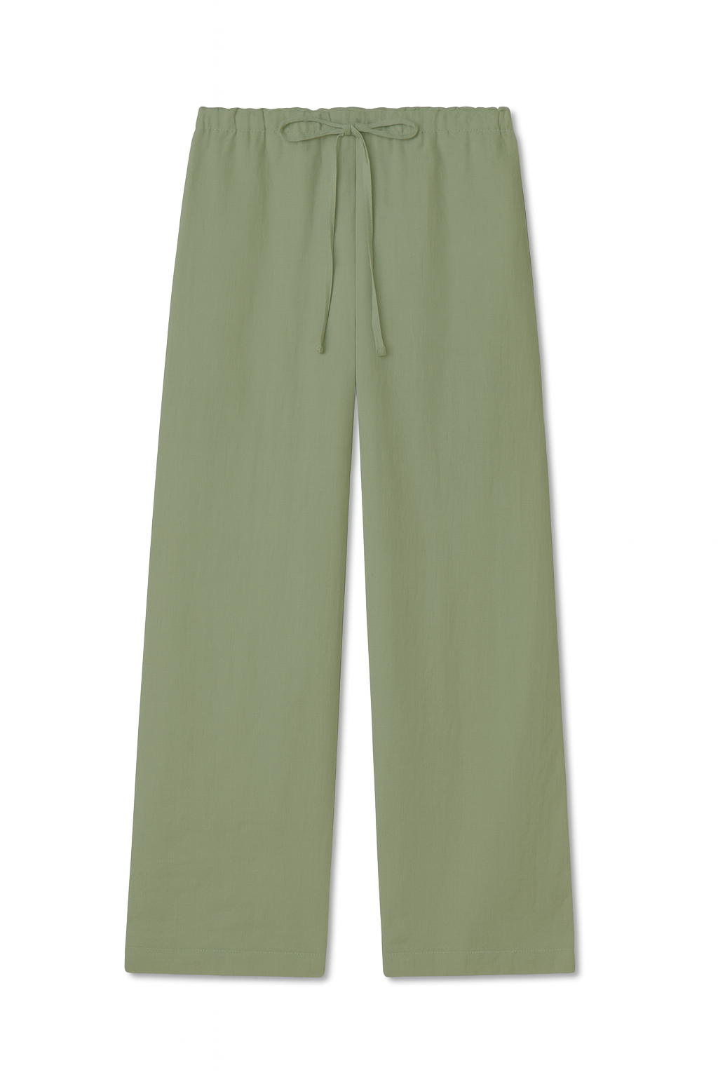 Flat image of sustainable sage green drawstring 100% linen pants featuring a straight leg fit- VIR VITA 
#color_sage