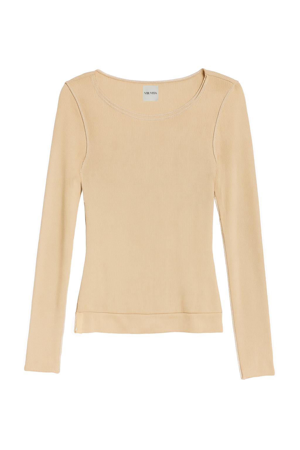 Flat image of a sustainable micro modal beige buttery soft double lined long sleeve ribbed top. Classic, timeless, elegant, french style. natural organic clothing- VIR VITA
#color_toffee
