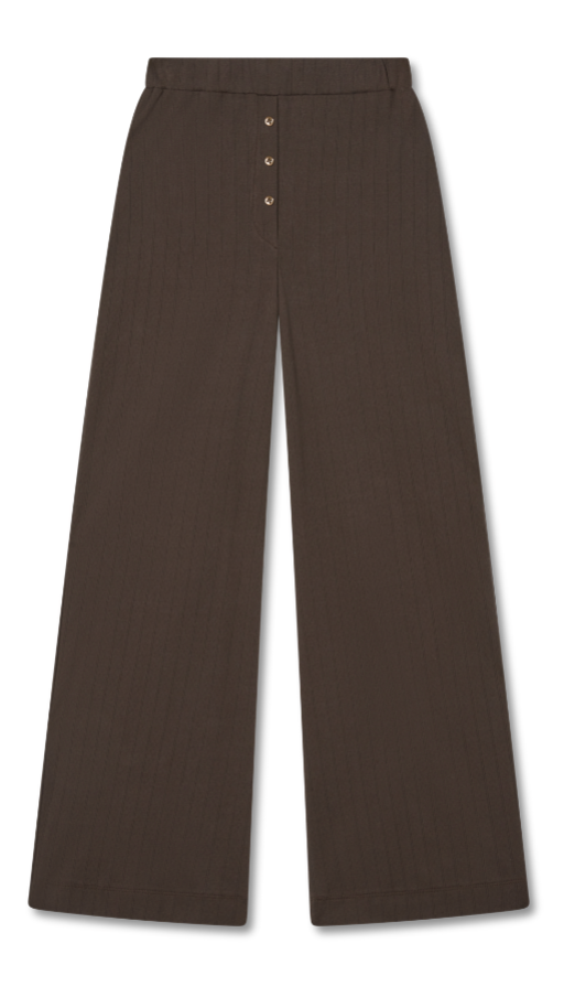 Sustainable dark brown pointelle luxury lounge pant featuring a relaxed straight leg fit with matching brown italian buttons - VIR VITA
#color_espresso