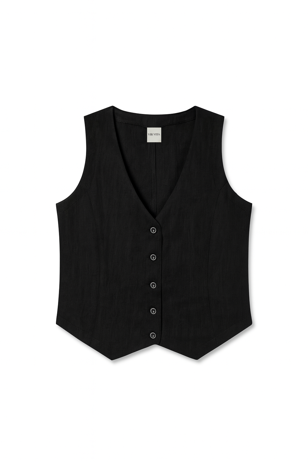 Flat image of a black sustainable 100% linen vest with matching Italian handcrafted buttons - VIR VITA
#color_black