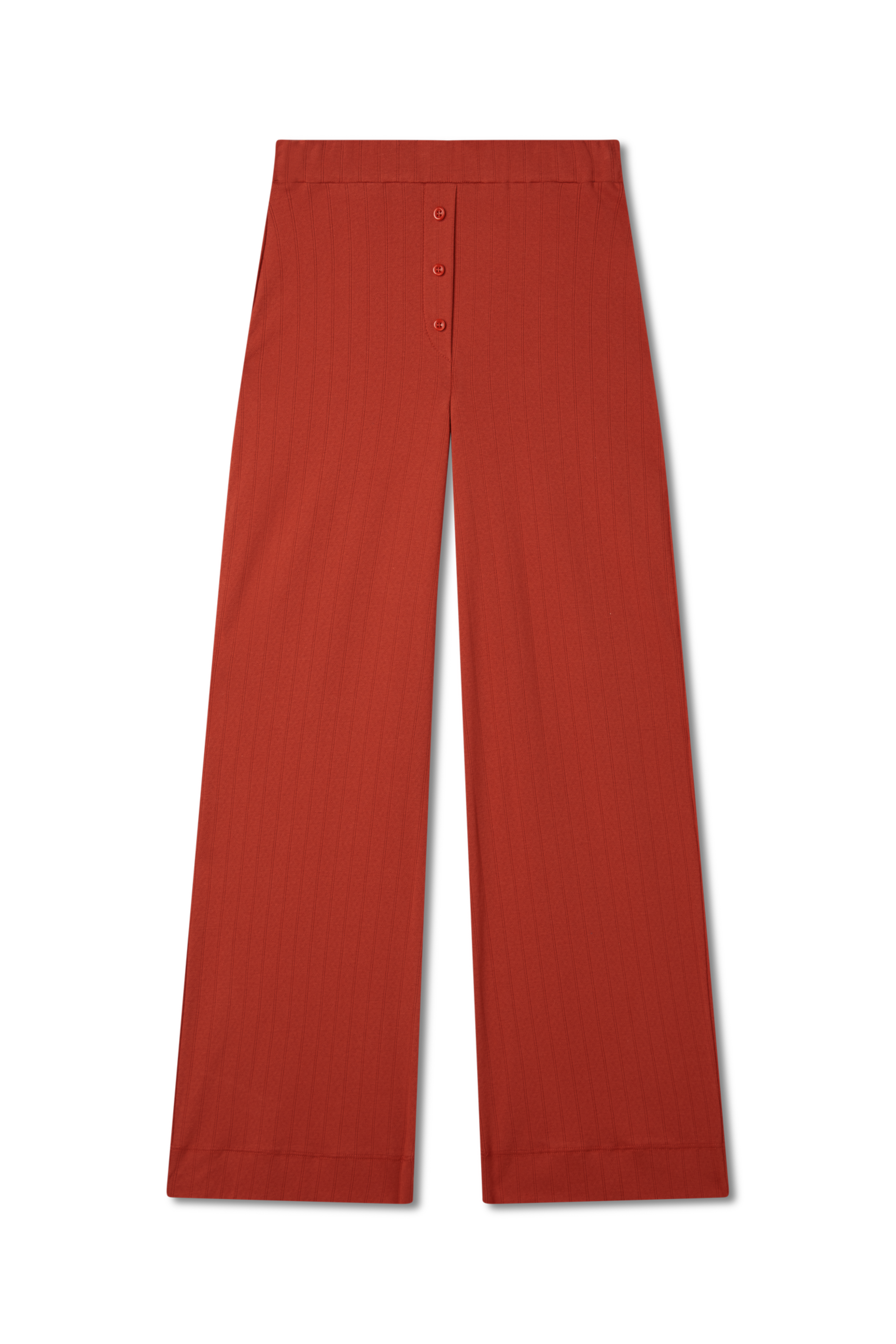 Sustainable pointelle lounge pants made of 100% recycled cotton featuring a relaxed straight leg fit in red - VIR VITA
#color_apple red