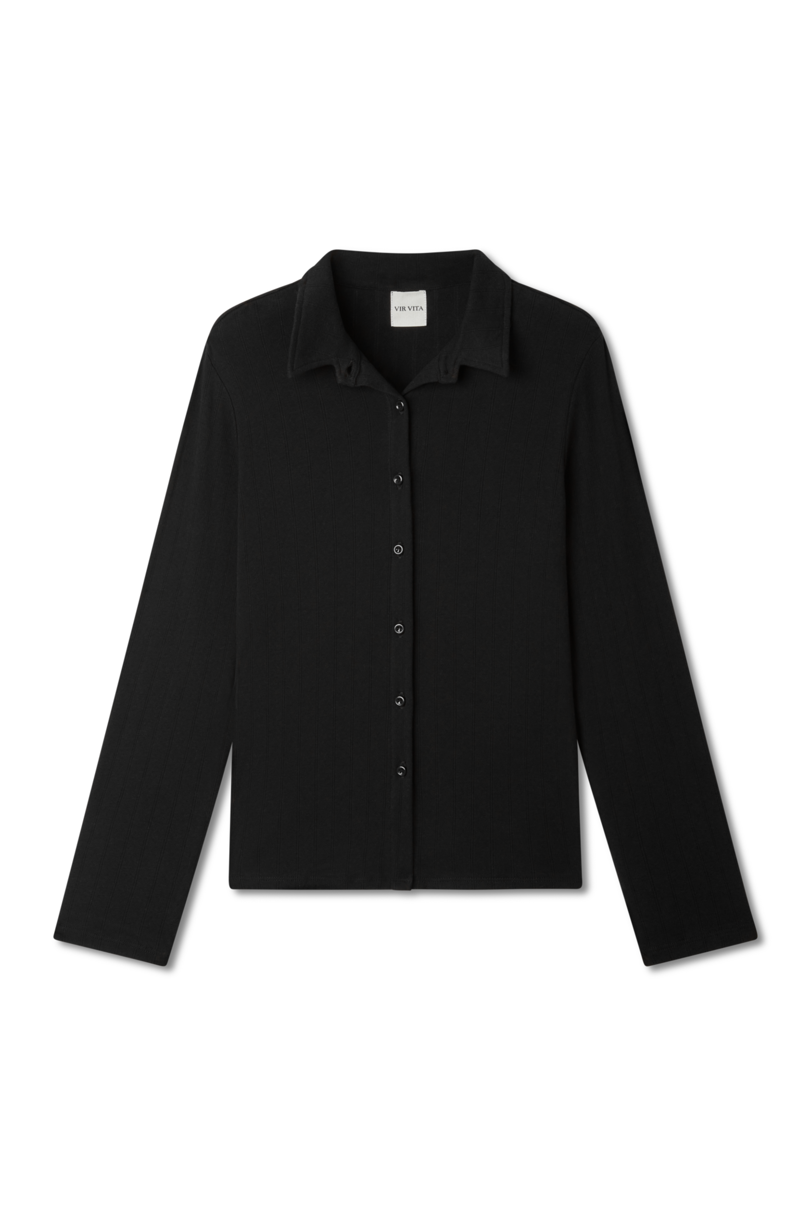 Sustainable 100% cotton black pointelle relaxed cardigan with collar and matching italian buttons. Classic, timeless, elegant, french style. Natural organic clothing - VIR VITA 
#color_black